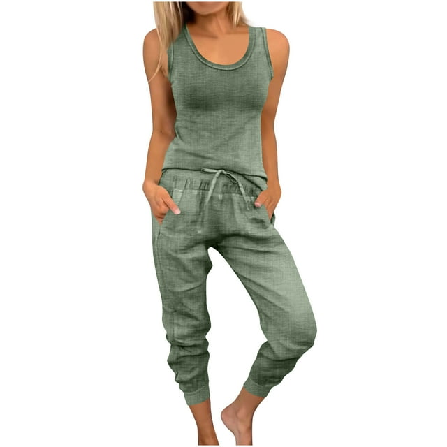 Tumotour 2 Pieces Going Out Outfits For Women Sleeveless Round Neck Top And Drawstring Pants Lounge Sets Tracksuits With Pockets