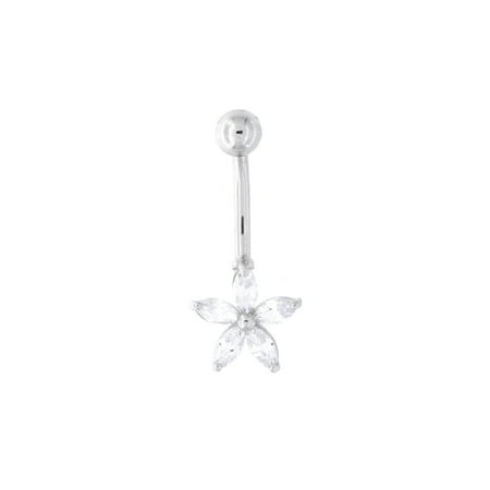 14k Yellow or White Gold Cubic Zirconia Flower Belly Ring Navel Piercing Body Jewelry