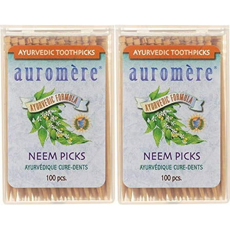 Auromere Ayurvedic Neem Toothpicks - Vegan, Natural, Non GMO, Made from Birchwood (100 Count), 2 Pack