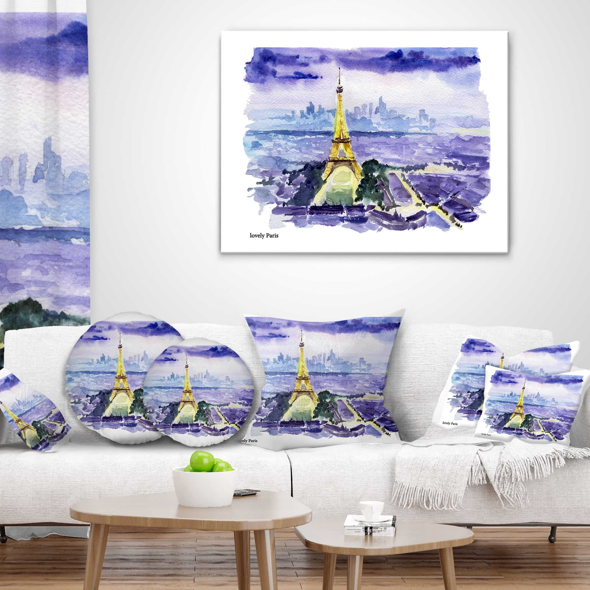 Designart Paris Eiffel Toweron Blue Background - Contemporary Throw Pillow - 16x16