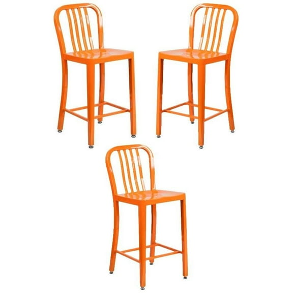 Home Square 24" Metal Vertical Slat Back Counter Stool in Orange - Set of 3