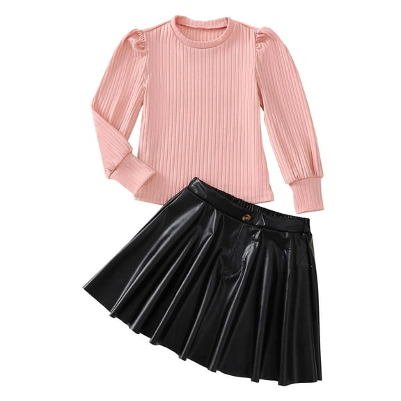 KIMI BEAR 7 Years Big Girls Winter Clothes Sets 8 Years Kid Outfits Puff Long Sleeves Knit Top Solid Color Pullover Top Leather Skirts Trendy Girl Clothing 2pcs Skirt Set Pink