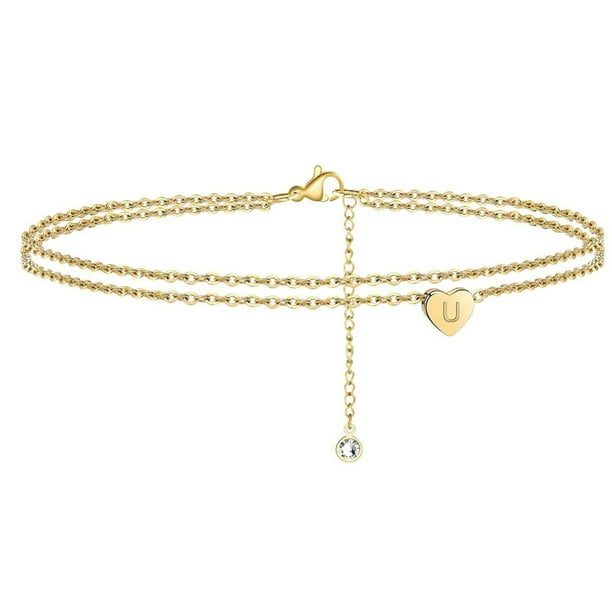 Pulseras para mujer, regalos para mujer 2022, nuevas pulseras de playa con inicial de corazón para mujer, delicada tobillera en capas bañada en oro de 14 quilates, pulseras de corazón con inicial de l