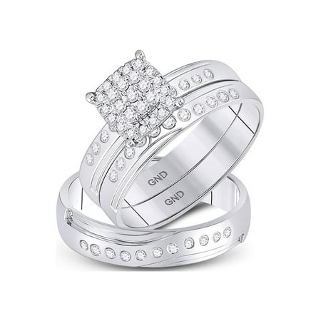 Diamond Princess 14kt White Gold His Hers Round Diamond Cluster Matching Wedding Set 1/3 Cttw