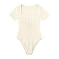 thumbnail image 3 of BLTIBY Short Sleeve Bodysuit for Women Square Neck Solid Color Ribbed Thong Jumpsuit Tummy Control Seamless Shapewear Fashion Basic Bodysuits Beige S, 3 of 3