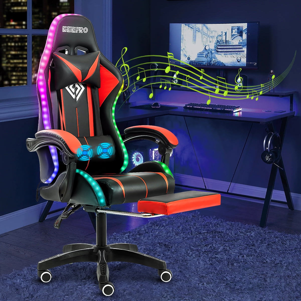 Geepro Video Massage Gaming Chair with Bluetooth Speaker RGB LED Lights
