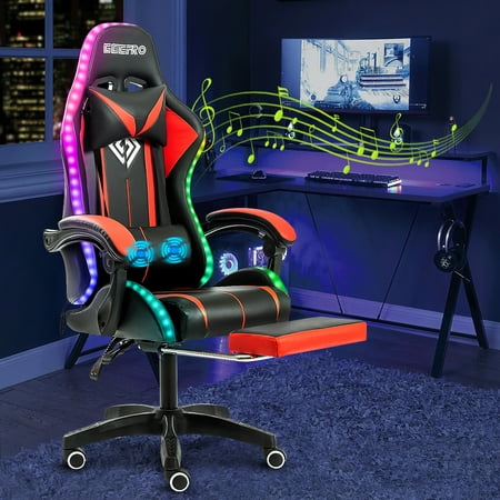 Geepro Video Massage Gaming Chair with Bluetooth Speaker RGB LED Lights High Back Ergonomic Racing Style Music Video Game Chair Office PC Chair with Footrest Esports Chair, 400lbs Load