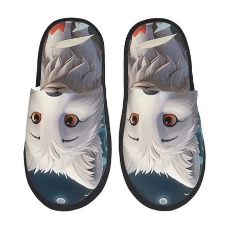 Balery White Wolf With Flowers Slient Indoor Furry Fleece Comfort House Shoes Soft Non-Slip Home Shoes Cotton slippers House Slippers-- Medium