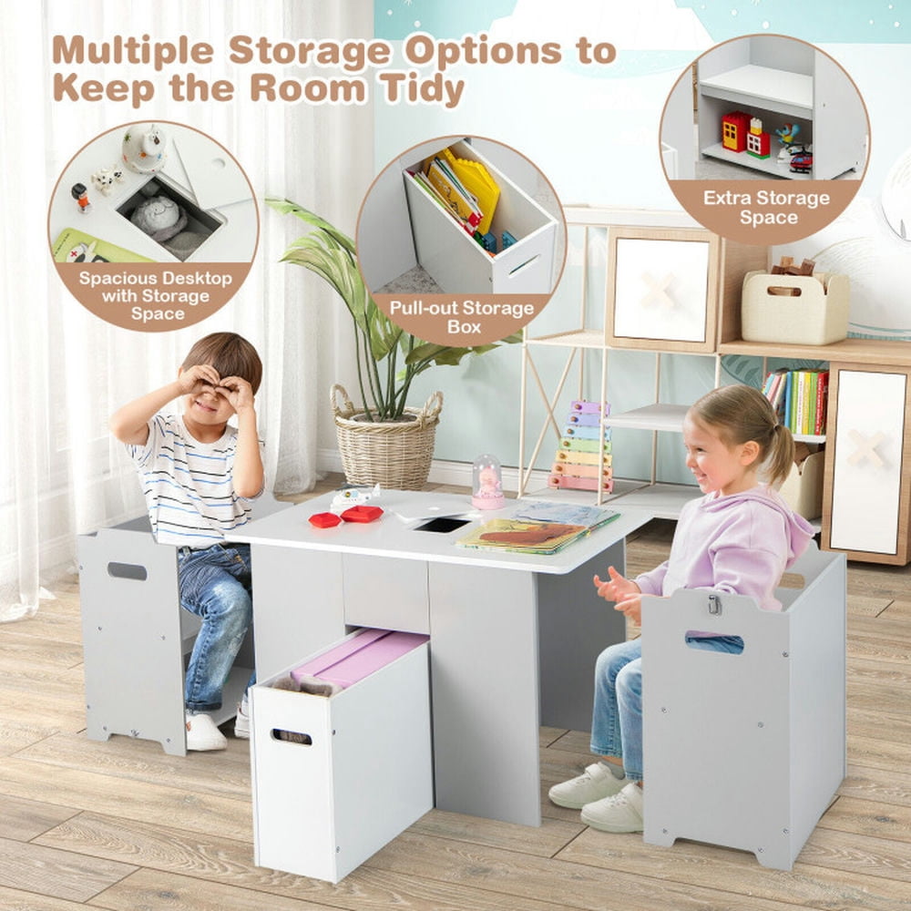 Spaco 4-in-1 Kids Table and Chairs with Multiple Storage for Learning-Gray, Toddler Table and Chair Set for Arts & Crafts, Snack Time, Homeschooling, Homework