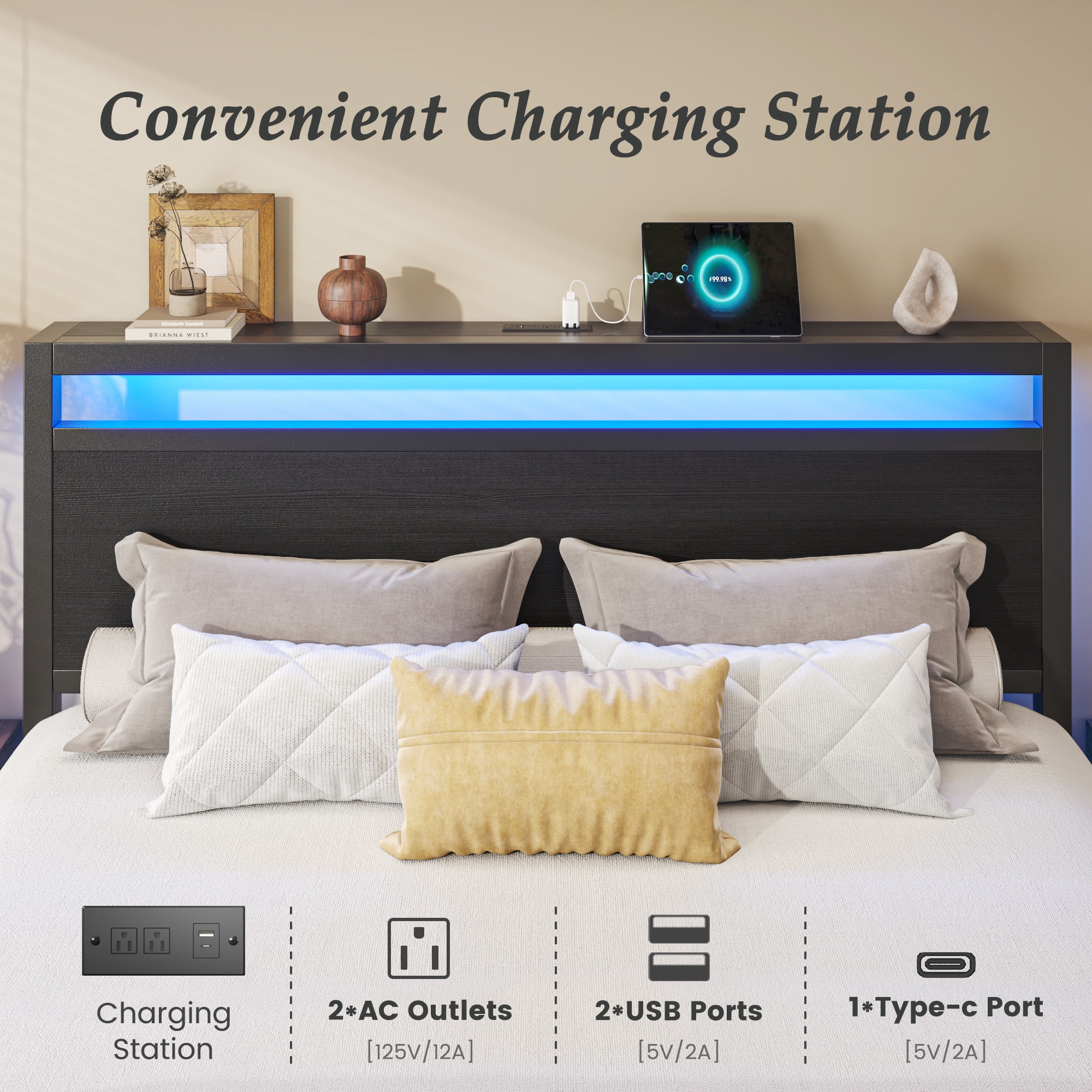 Queen Bed Frame with Headboard & Footboard, Bed Frame with Built-in Charging Station & LED Light, 2 Drawers, Storage Shelf, Noise-Free, No Box Spring Needed, Easy Assembly, Classic Black