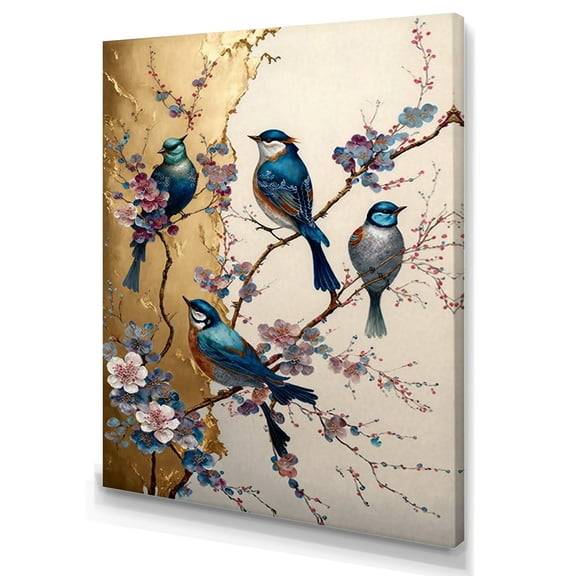 Designart Multicolor Birds On Plum Blossoms Tree II Canvas Wall Art