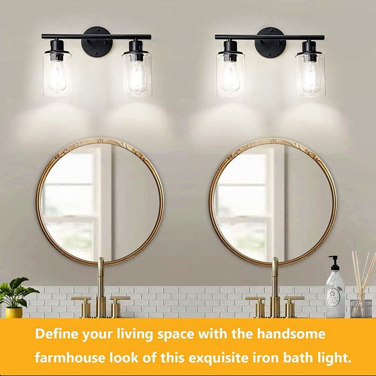 Bathroom Light Fixtures 2 Light Matte Black Vanity Light, Vintage Wall Sconces Lighting Modern Bath Wall Mounted Lights with Glass