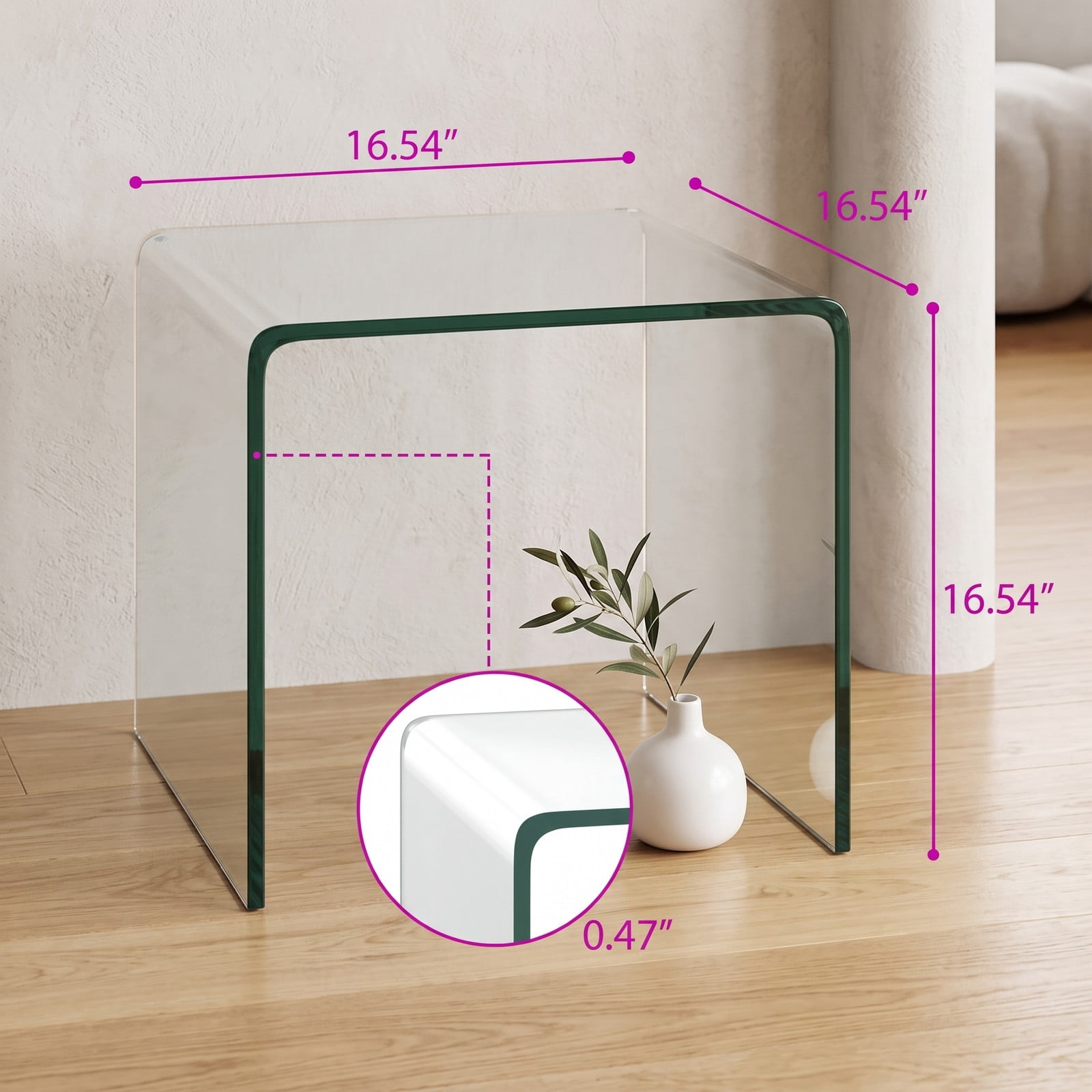 Furnibear 16 Inch Tempered Glass Waterfall End Table, Modern C-Shaped Side Table with Non-Slip Pads for Living Room Bedroom Office, 66 lbs Capacity, Clear Transparent