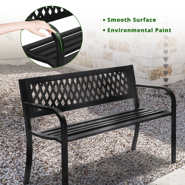 47in PVC Mesh Backrest Outdoor Iron Bench for Garden Patio Black