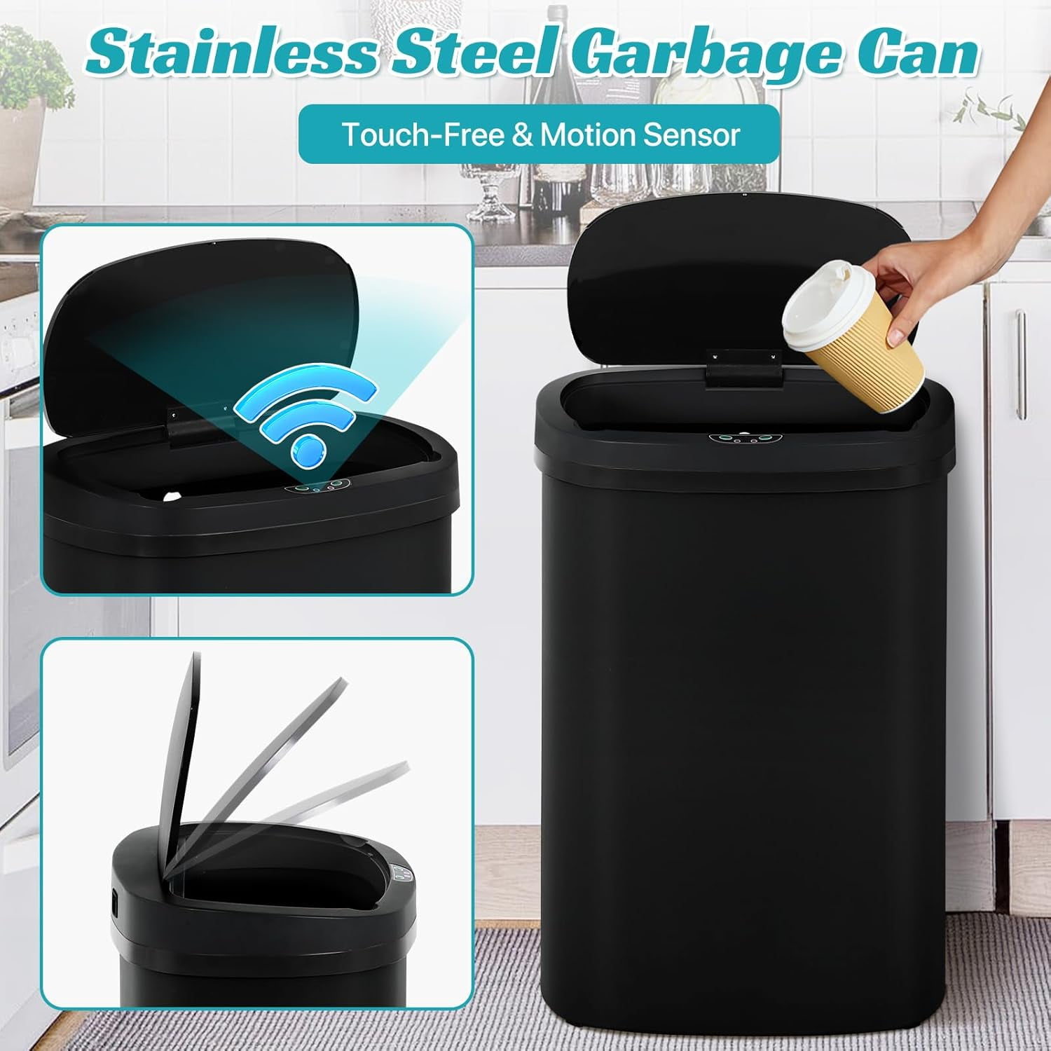Dkelincs 13 Gallon Automatic Trash Can with Motion Sensor 49L Touchless Kitchen Garbage Can with Removable Lid, Waterproof for Home Bathroom