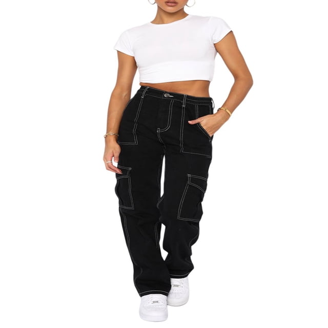 Women’s Casual Straight Jeans Fashion Solid Color Side Pockets Patch High Waist Denim Pants