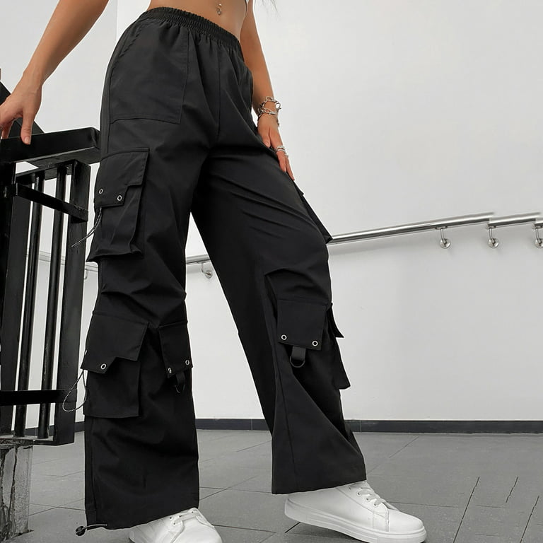 QUYUON Womens Hiking Pants Fashion Multi Pocket Overalls Elastic Waist  Sports Pants Women Cargo Pants Long Pant Leg Length Cargo Pant Style N-510  Black S 