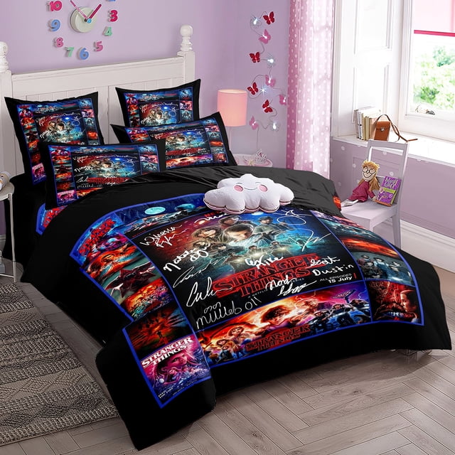 Juego de cama de tres piezas Stranger Things Ropa de cama suave y cómoda, dos fundas de almohada y una funda de edredón Regalo de Navidad para niños adultos