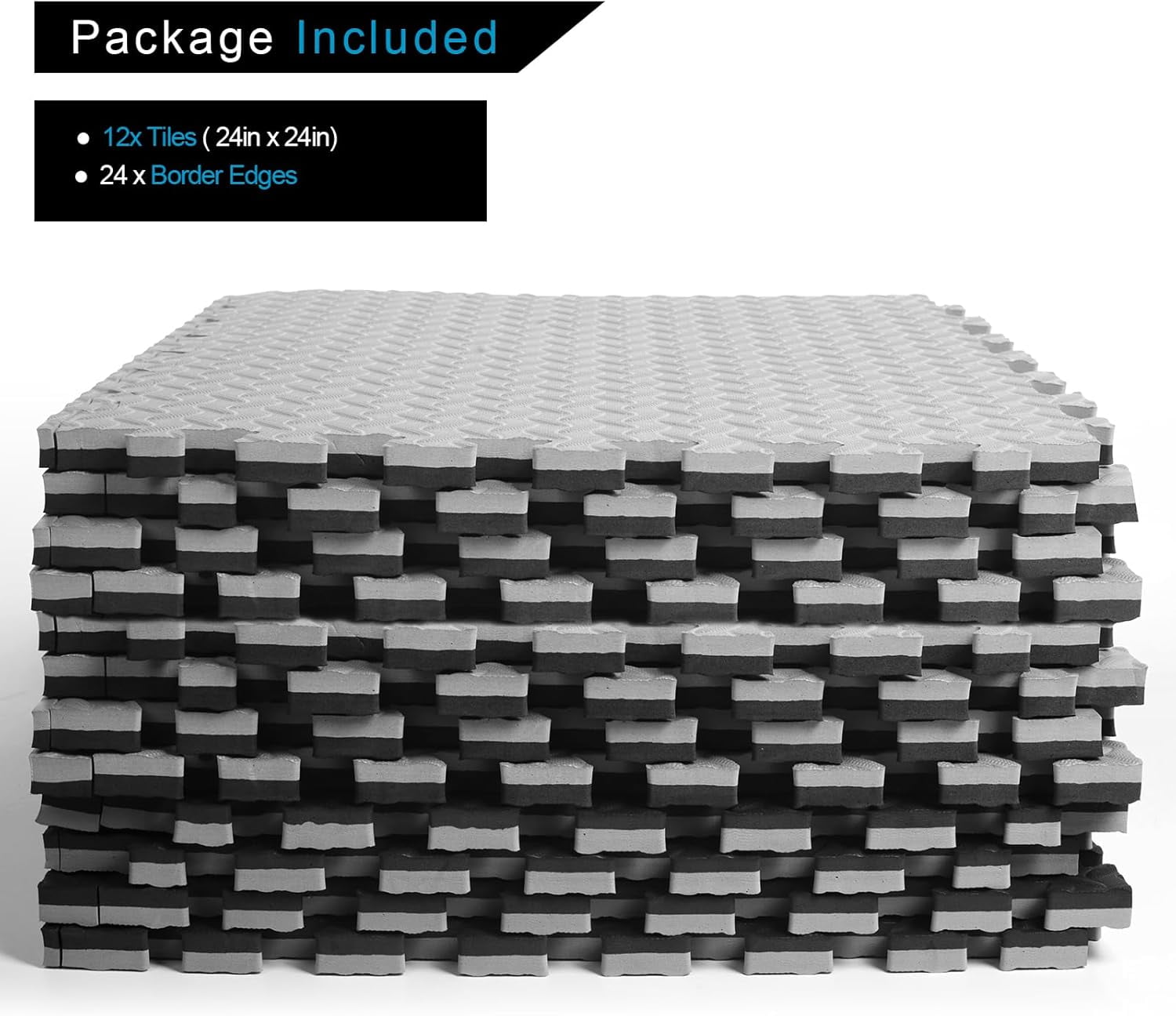 1 in Thick 48 Sq Ft EVA Foam Exercise Gym Mats 12 Pcs - Interlocking Puzzle Floor Tiles for Home Gym Heavy Workout Equipment Flooring - 24 x 24in Tile, Black & Gray