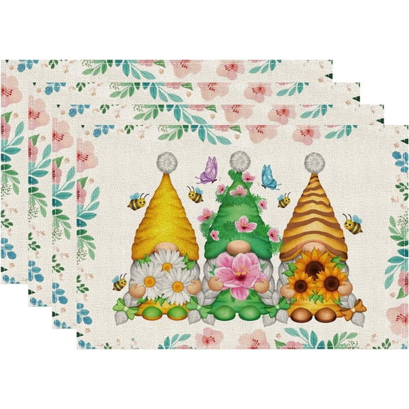 Spring Summer Gnome Placemat Set of 4 Flower Bee Table Mats Table Decorations 12X18inch