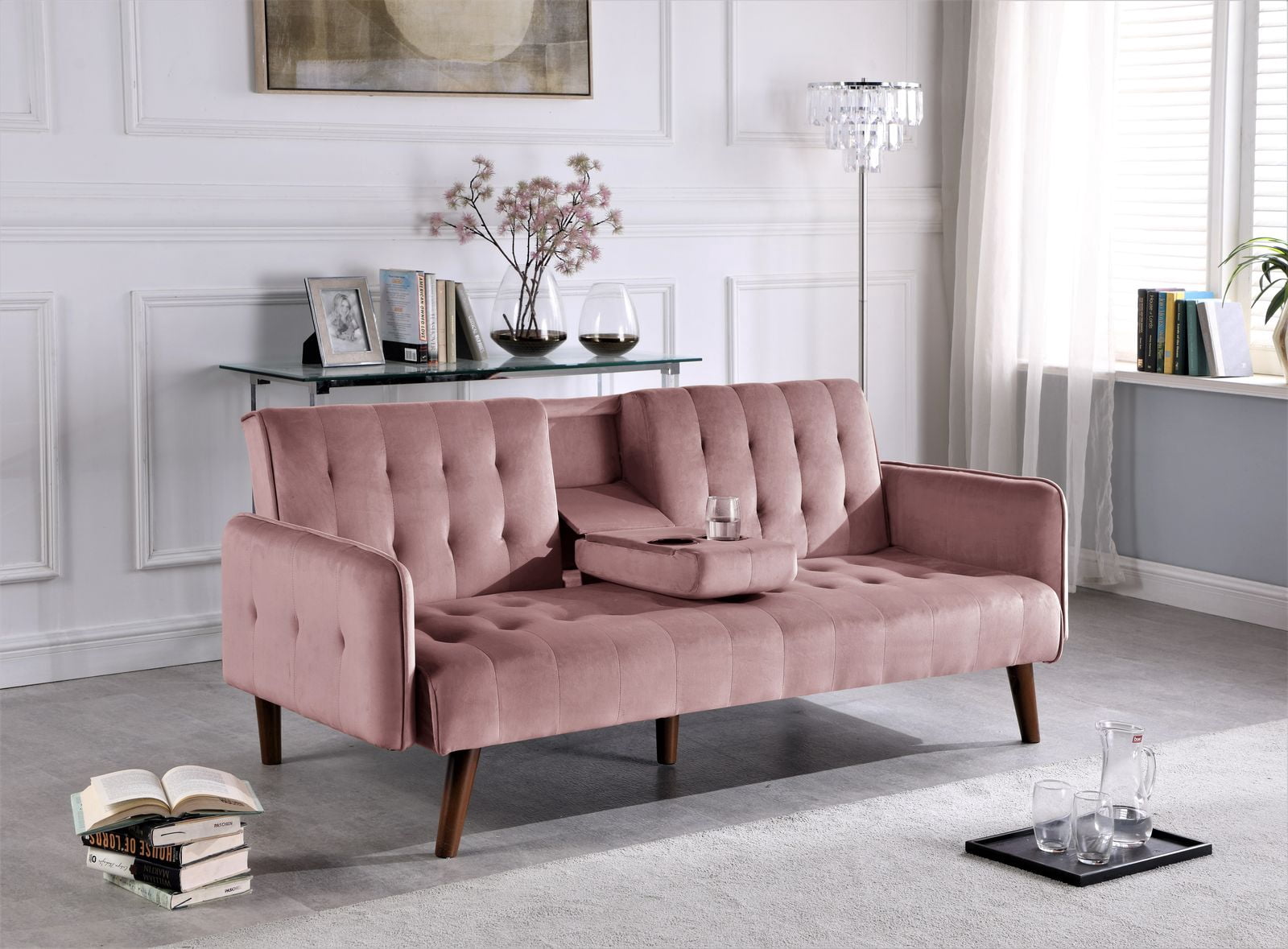 Gewnee 72" Sleeper Sofa Bed, Convertible Linen Futon Couch with Folding Backrest with Cup Holder,Modern Couch for Home and Guest Room，Pink