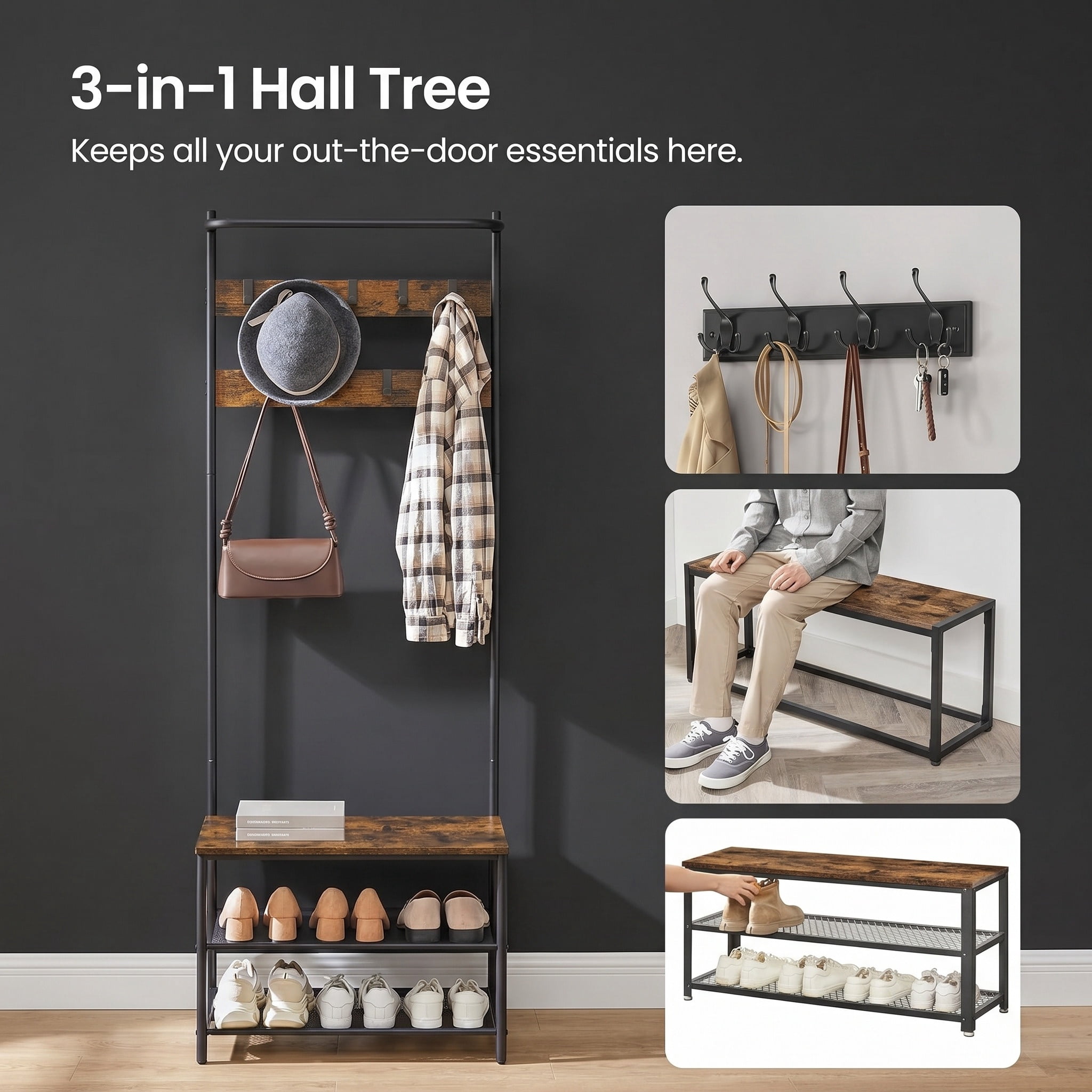 Nordic Hygge3-in-1 Industrial Hall Tree with Shoe Storage Bench, Rustic Walnut & Black