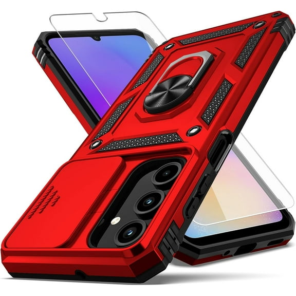 for Samsung A16 5G Case,with Camera Lens Cover HD Screen Protector,[Military Grade] Ring Car Mount Kickstand Hybrid Hard PC Soft TPU Shockproof Protective Case for Samsung Galaxy A16 5G, Red