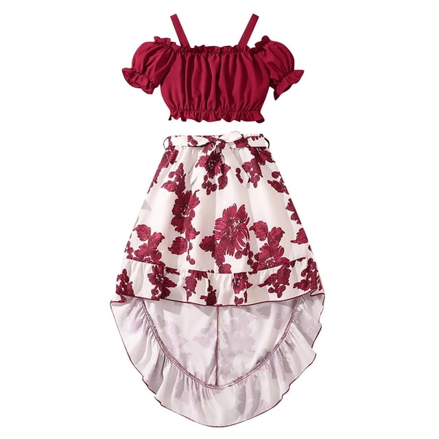 Odeerbi 8-13 Años Niñas Verano Conjuntos Fuera Del Hombro Manga Corta Tops Recortados Floral Falda Alta Baja Con Cinturón Conjunto de Tres Piezas Falda de Algodón Con Volantes