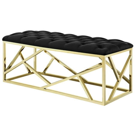 Modern Deco Contemporary Urban Design Living Room Lounge Club Lobby Accent Chair Bench, Velvet Fabric Metal Steel, Gold Black