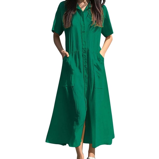 Robe Chemise Boutonnée pour Femmes Décontractée Grande Taille Lin Robe d'Enseignant avec Poche Ample Été Col Vert, TG