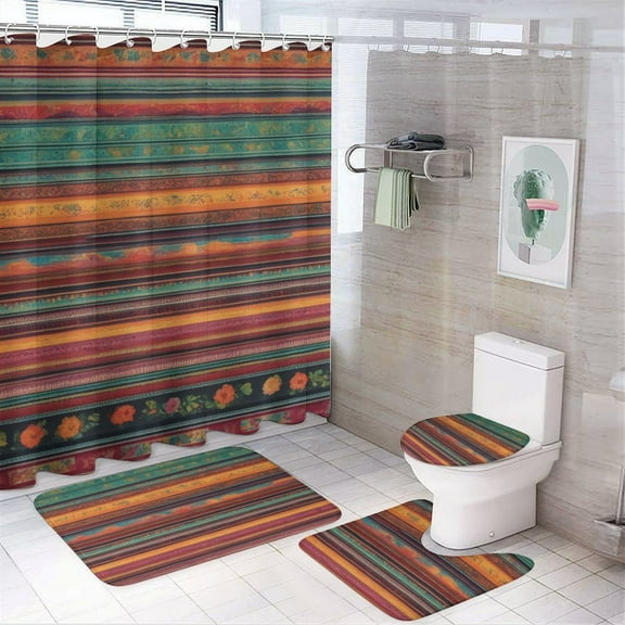 Mexican BOHO Strips 4 Pcs Bathroom Shower Curtain Set, Bathroom Sets with Rugs (Bath Mat, U Shape and Toilet Lid Cover Mat) and 12 Hooks,