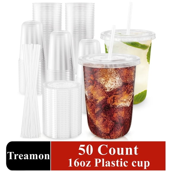 Treamon Clear Plastic Cups with Lids and Straws, Disposable Iced Coffee Cups for To-Go Cold Drinks, 16 oz 50 Sets