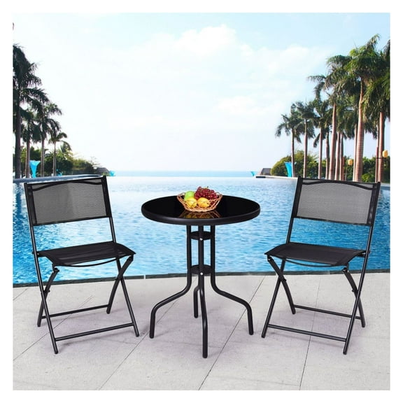 3 Pieces Folding Bistro Set - Metal Patio Table and Chairs for Outdoor Indoor Use, Space Saving Furniture, Black, Round Table w/ 2 Folding Chairs, 135lbs Capacity