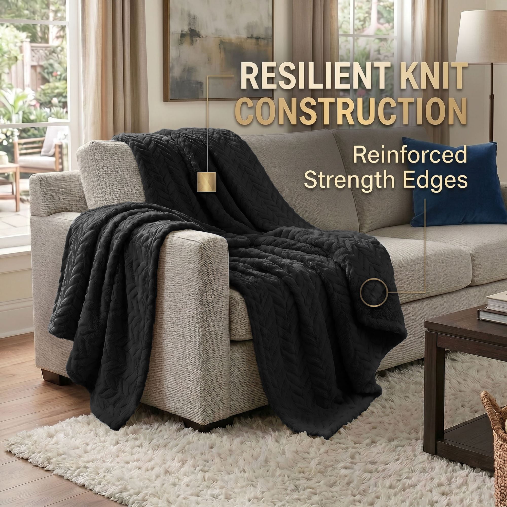 Superior Hope Herringbone Fluffy Fleece Blanket, Twin Size, Black