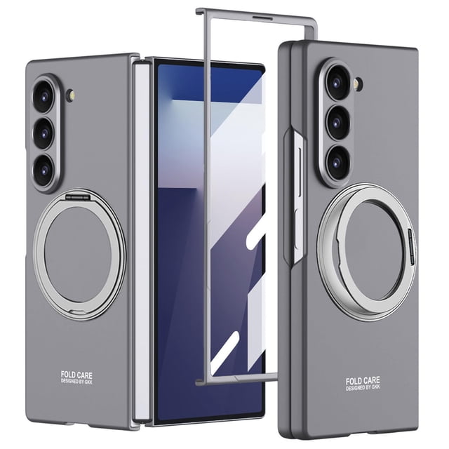 funda yqodsz para samsung galaxy z fold 7 con soporte giratorio funda magnética con anillo giratorio 360° y protector de pantalla incorporado. Vista centrada frontal y posterior mostrando carcasa delgada de PC con superficie mate, protector de cámara integrado con labios elevados y anillo metálico plegable que funciona como soporte vertical u horizontal; compatible con carga inalámbrica y accesorios Magsafe. También suele usarse como soporte manos libres para videollamadas o visualización.