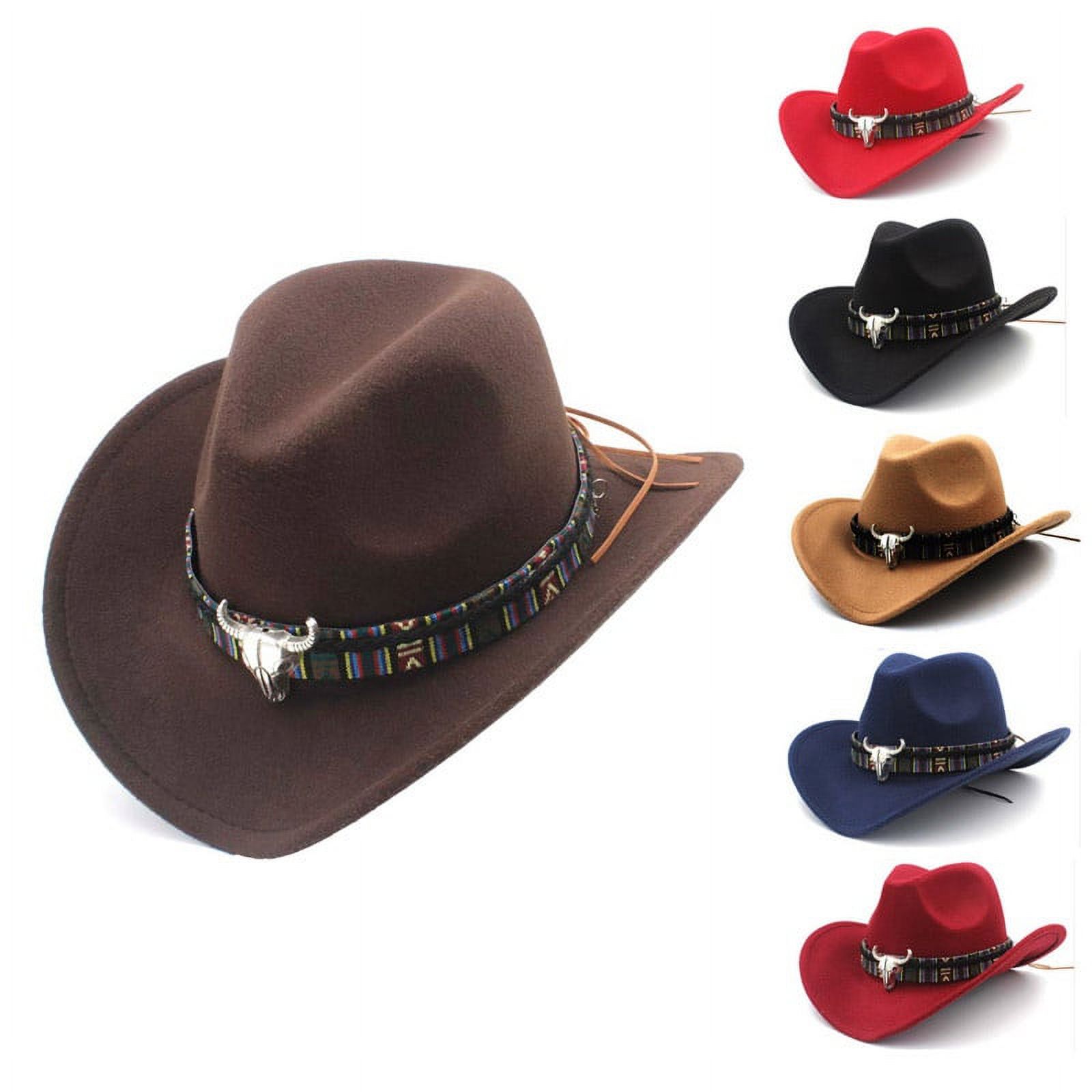 Cowboy Hat for Men Faux Felt Western Outdoor Wide Brim Hat with Strap Jazz Hat Wide Brim Panama Cowboy Hats Floppy Sun Hat for Beach Church Wine Red - image 2 of 3