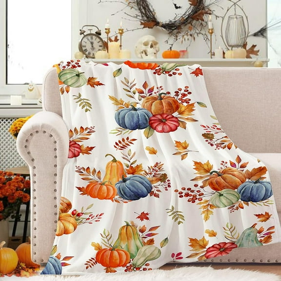 Fall Throw Blanket Autumn Pumpkins Throw Blanket Watercolor Harvest Maple Leaves Bed Blanket Soft Warm Cozy Blanket Flannel Fleece Throw Blanket Fuzzy Plush Blanket for Sofa Bed Couch 50" X 60"