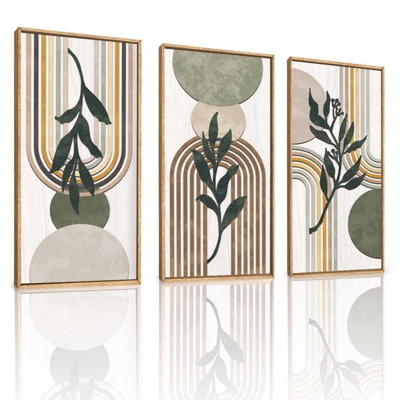 TOARTi Boho Wall Art Sage Green Framed Nature Botanical Minimalist Geometric 3D Wood Set of 3 For Living Room Bedroom Office 8x16 Inch