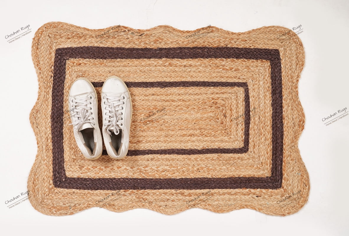 Eco friendly Area Rug Natural Jute Hand Braided Brown Color Scalloped Pattern Rectangle Rug