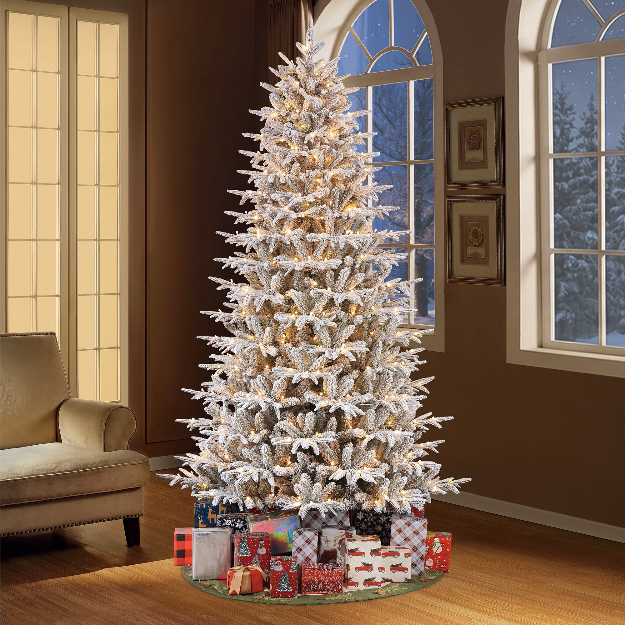 7.5ft Pre-Lit Flocked Aberdeen Spruce Christmas Tree by Holiday Time, 400 Color-Changing LED