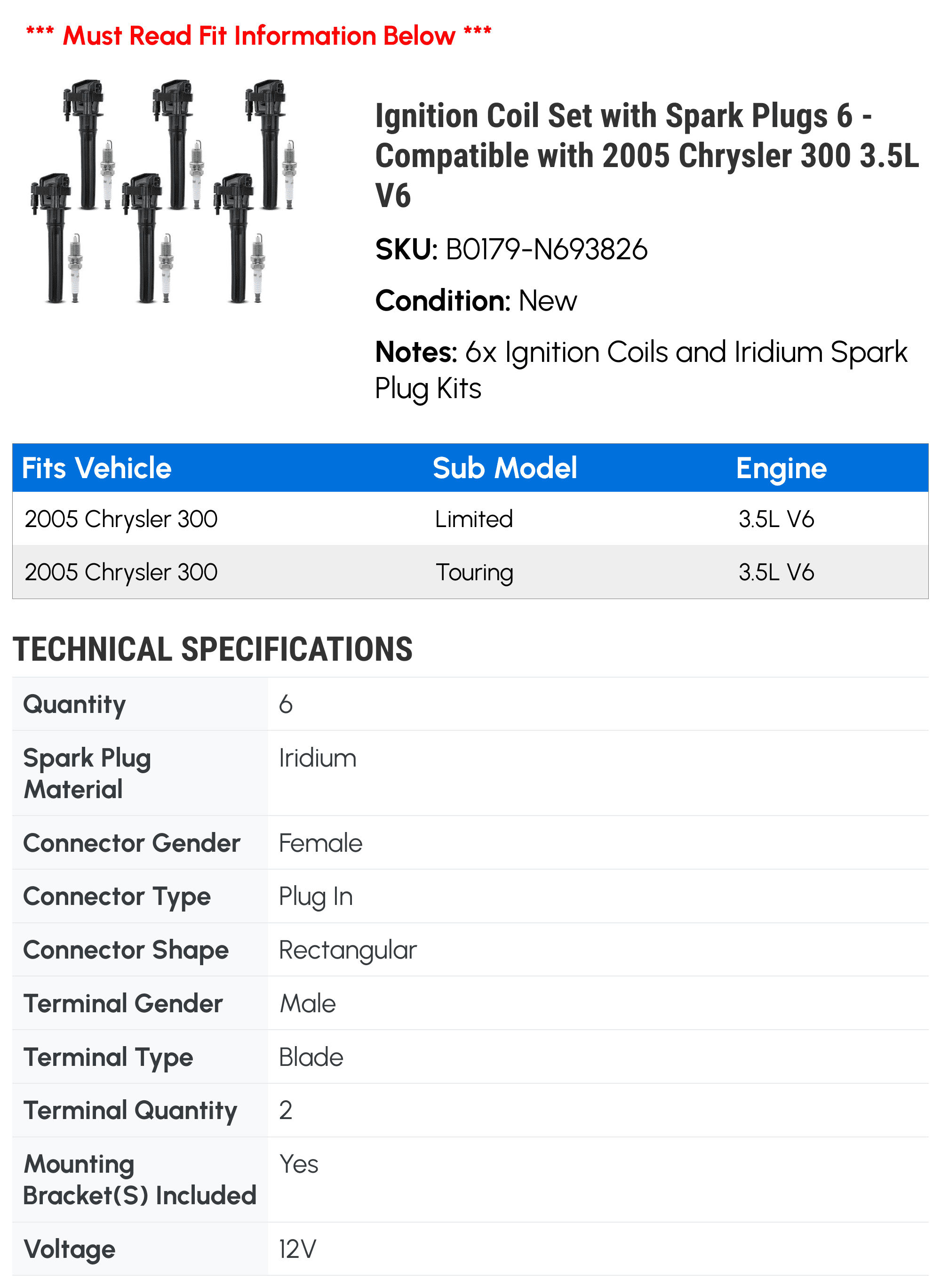 Ignition Coil Set with Spark Plugs 6 - Compatible with 2005 Chrysler 300 3.5L V6 - Autopart Premium