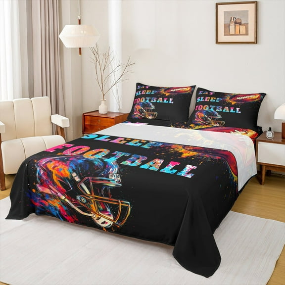 Manfei Rugby Ball Sport Twin Sheet Sets,Teens Rugby Sport Twin Fitted Sheet,Rainbow Splash Ink Flat Sheet For Boys,Luxury Bedroom Decor,3 Pieces