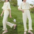 thumbnail image 3 of Odeerbi Teen Girls 2 Piece Outfits Ruffle Tops Pants Set Summer Clothes Spring Cute Solid Color Long Sleeve Comfy V-Neck Blouses Pants Set Beige, 3 of 4