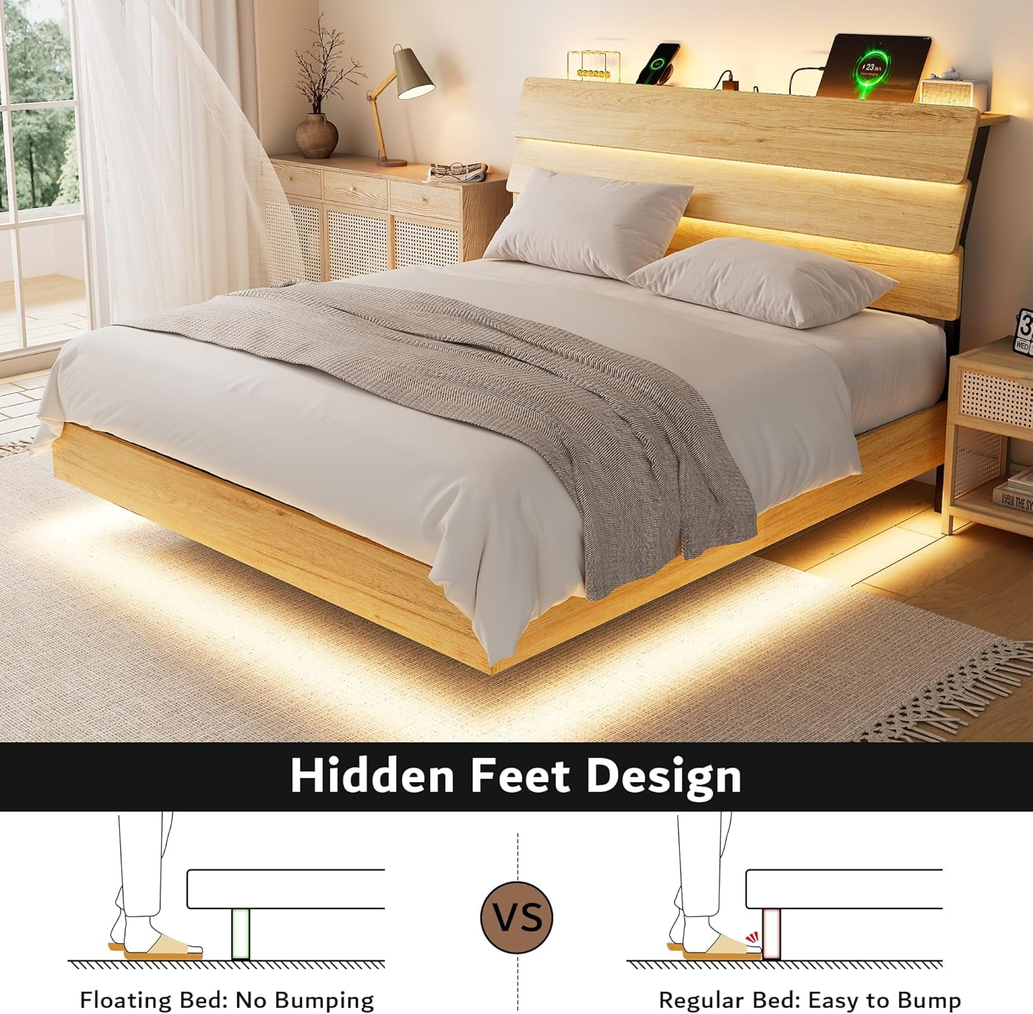 Galnfu Floating Full Size Bed Frame with LED Light and USB Port Charging Station, Platform Bed with Wooden Storage Headboard, Sturdy Steel Slats,Easy to Assemble, Oak