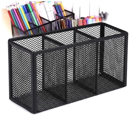 Desk Organizer with 3 Divided Compartments – Black Mesh Pen Holder for Desk, Metal Desktop Stationery Accessories & Pencil Organizer