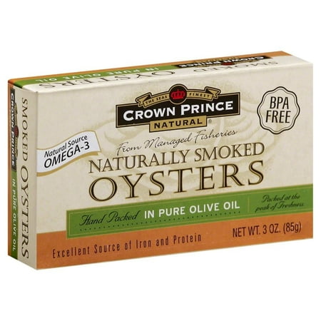 Crown Prince Canned Naturally Smoked Oysters, in Pure Olive Oil, 3 Oz