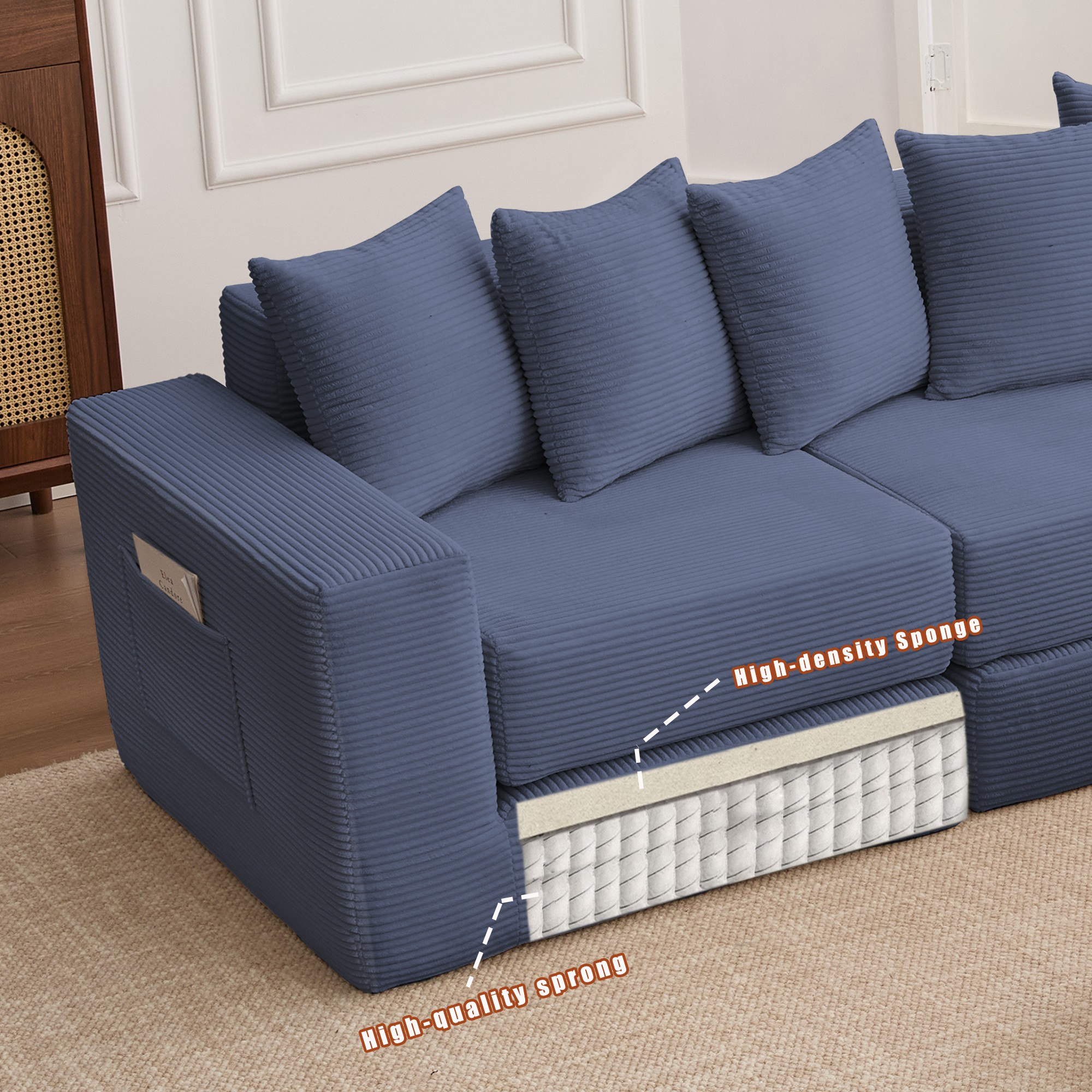 Leumius Convertible Sectional Sofa,Corner Couch,Convertible Floor Sleeper Sofa,10-in-1 Corduroy Modular Sofa,Free Combination Sofa,No Assembly,6 Pillows,Blue