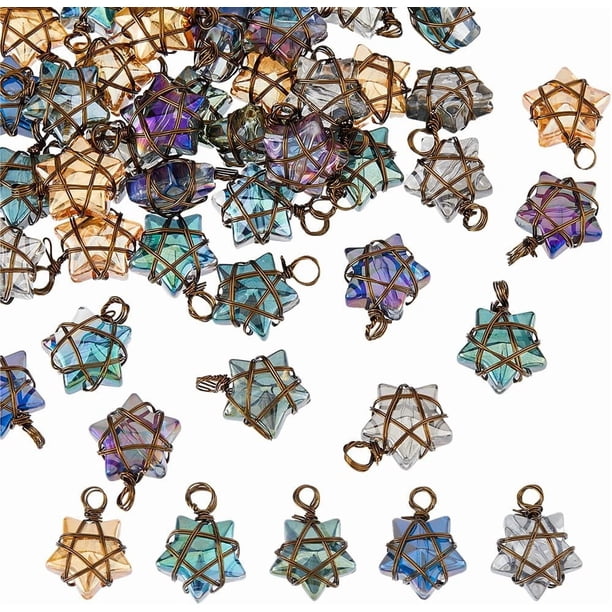 40 colgantes de estrella en 5 colores, con alambre, acabado bronce electrochapado y cristal. Ideales para crear pendientes, pulseras, collares y bisutería. Orificio: 2,8 mm.