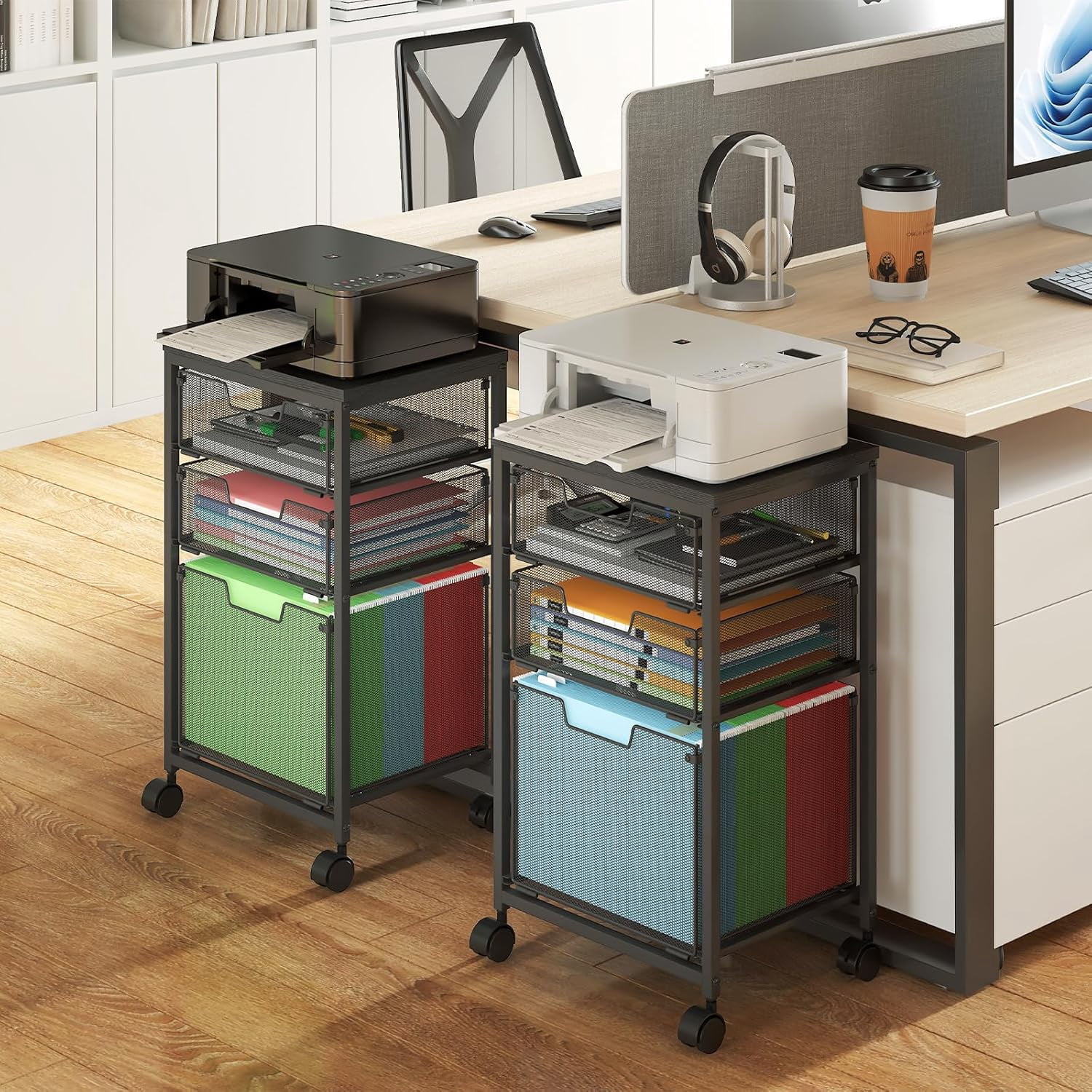 Rolling File Cart with 3 Drawers, Under Desk Storage Mobile Filing Cabinet for Home Office, Hanging File Folders Organizer, Utility Cart with Wheels, Printer Stand, Black
