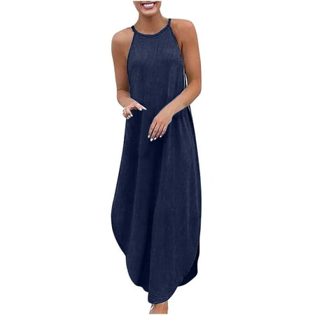 

Fesfesfes Summer Dresses for Women Halter Neck Sleeveless Denim Dress Casual Solid Color Long Dress Off Shoulder Camisole Dress Side Cut Hem Streetwear Tank Dress